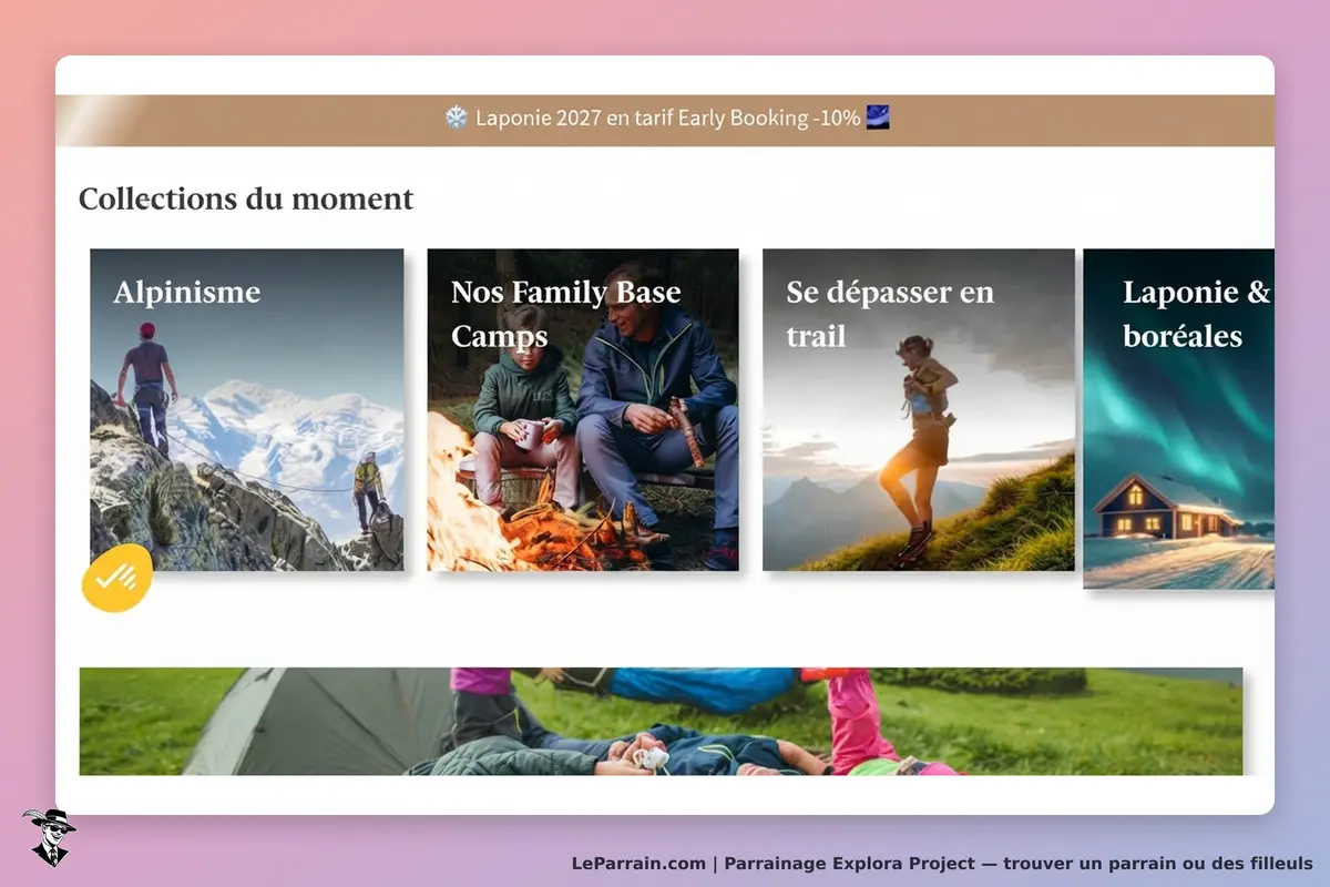 Explora Project : collections de voyages avec images d'activités en plein air et paysages