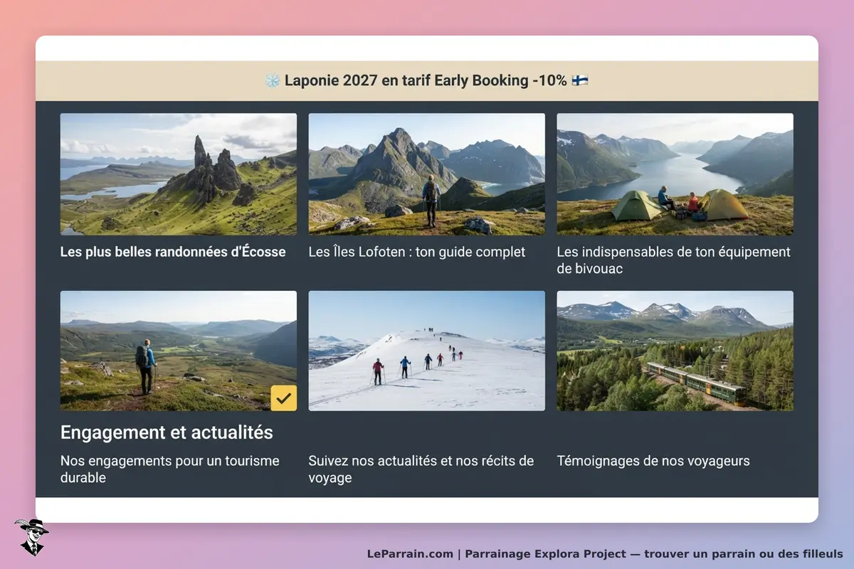 Explora Project : page d'accueil avec plusieurs sections sur les randonnées et le tourisme durable