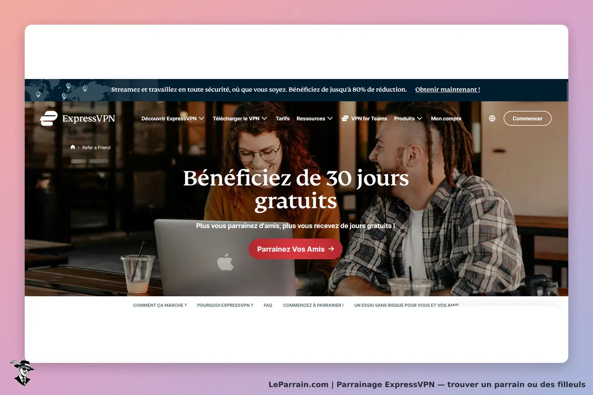 ExpressVPN : page d'accueil avec un message sur un essai gratuit et des utilisateurs souriants