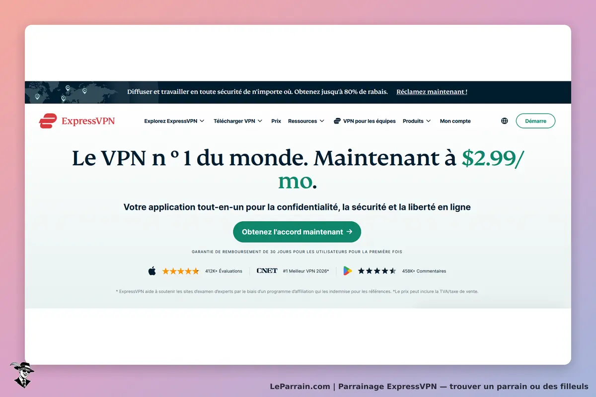 ExpressVPN : page d'accueil présentant le VPN, un bouton d'action et des évaluations d'utilisateurs
