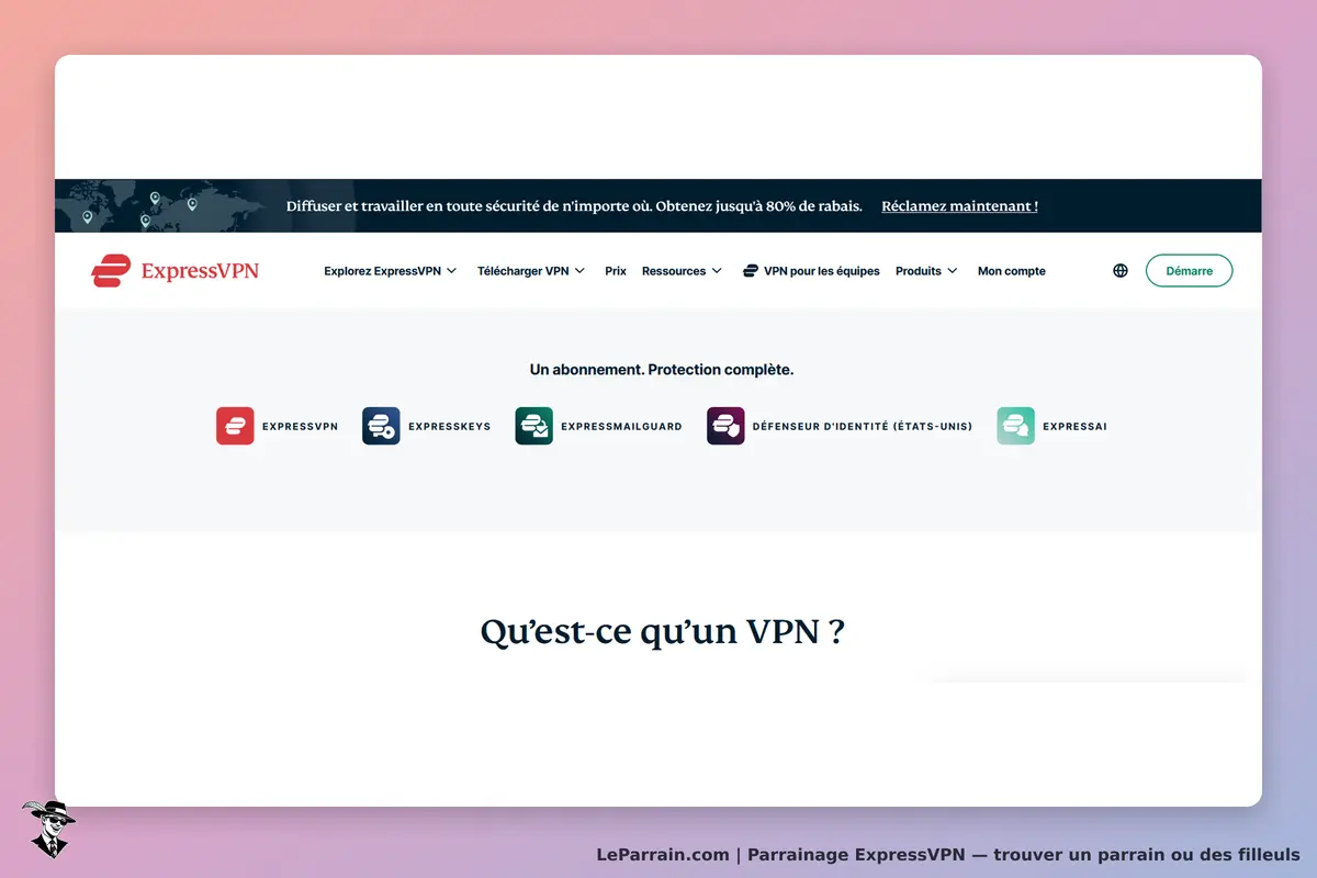 ExpressVPN : page d'accueil avec logo, options de services et question sur le VPN