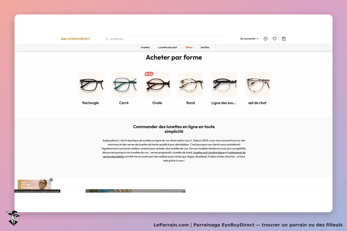 EyeBuyDirect : page d'accueil avec des lunettes affichées par forme et une description en bas