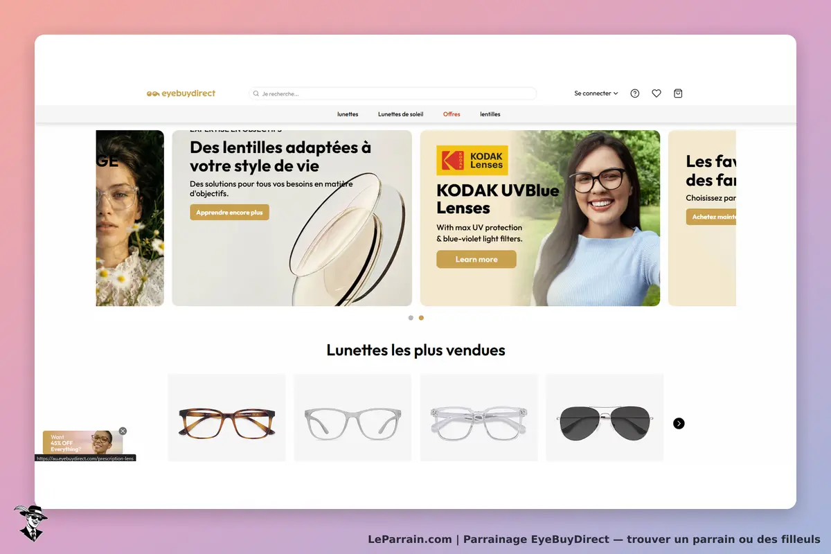 EyeBuyDirect : page d'accueil avec produits de lunettes et informations sur les lentilles