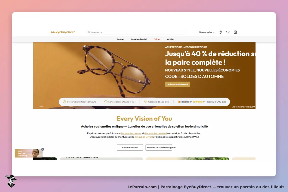 EyeBuyDirect : page d'accueil avec lunettes sur fond jaune et options de navigation en haut