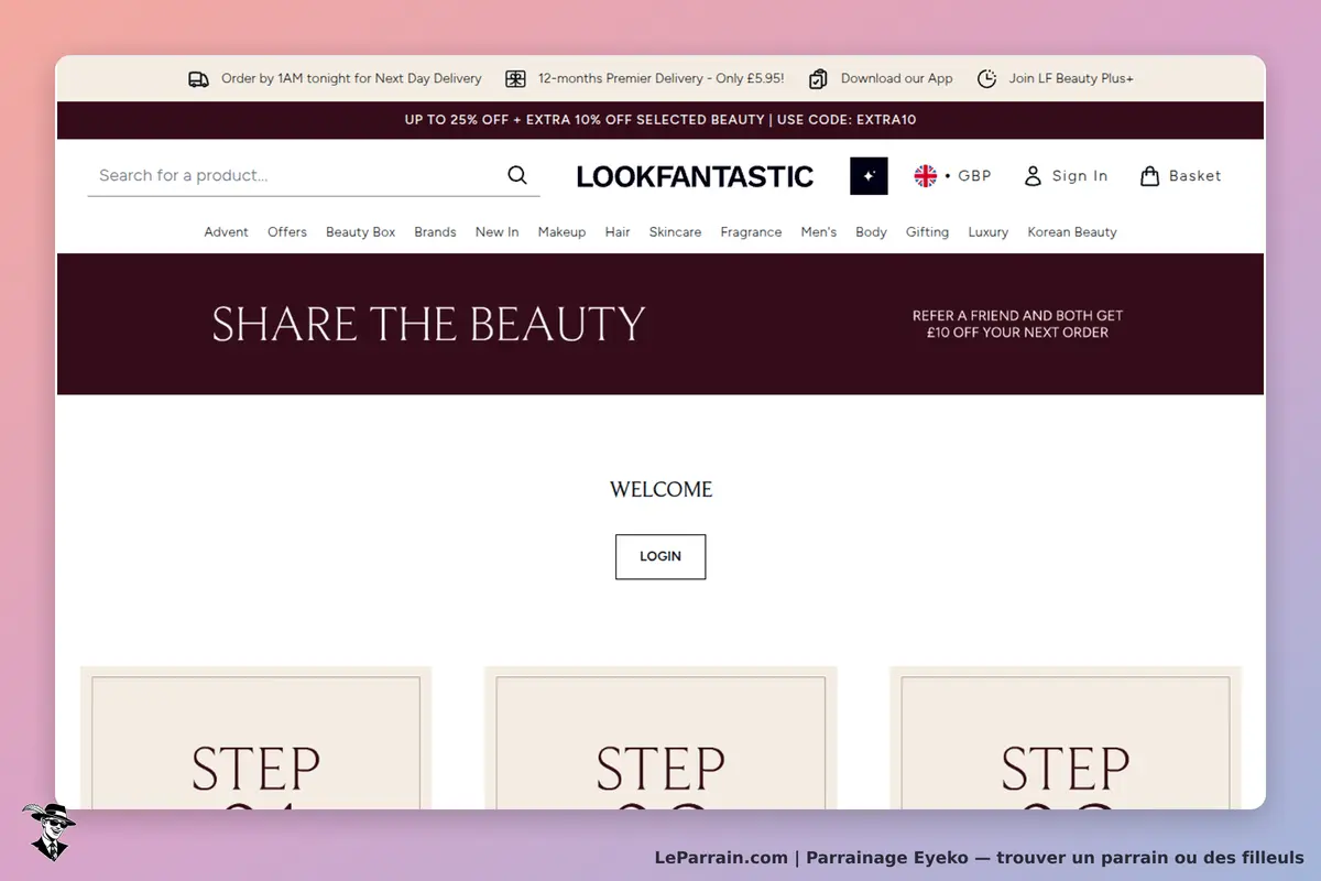 Eyeko : lOOKFANTASTIC : page d'accueil avec le message "SHARE THE BEAUTY" et des étapes à suivre