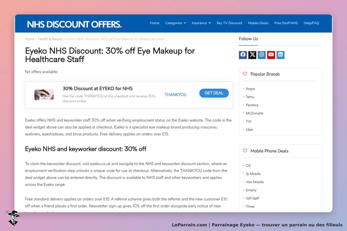 Eyeko : page présentant une offre de réduction pour le maquillage des yeux pour le personnel de