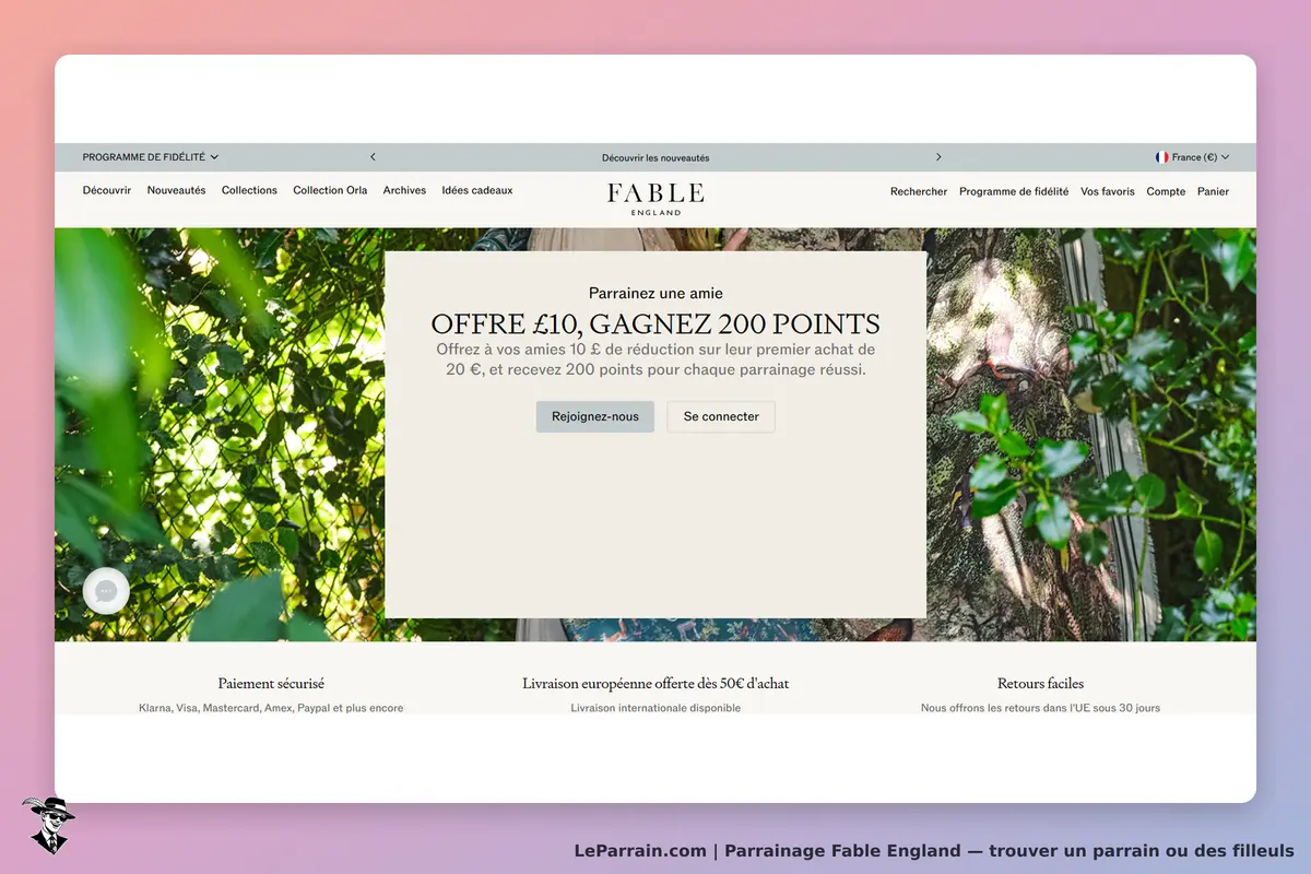 Fable England : page d'accueil avec une offre de parrainage et un fond végétal