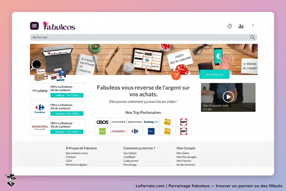 Fabuleos : page d'accueil avec offres cashback et vidéo explicative sur fond de bureau