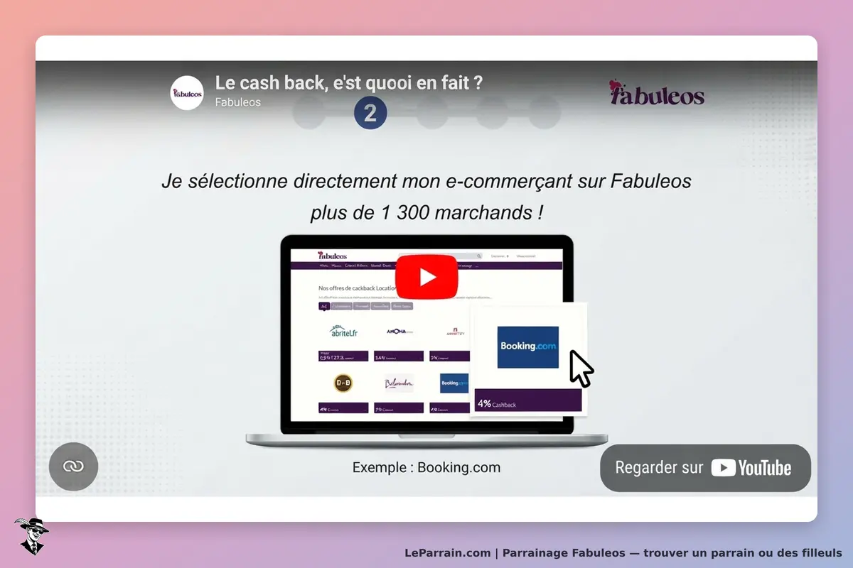 Fabuleos : présentation d'un ordinateur affichant des e-commerçants et un exemple de cashback