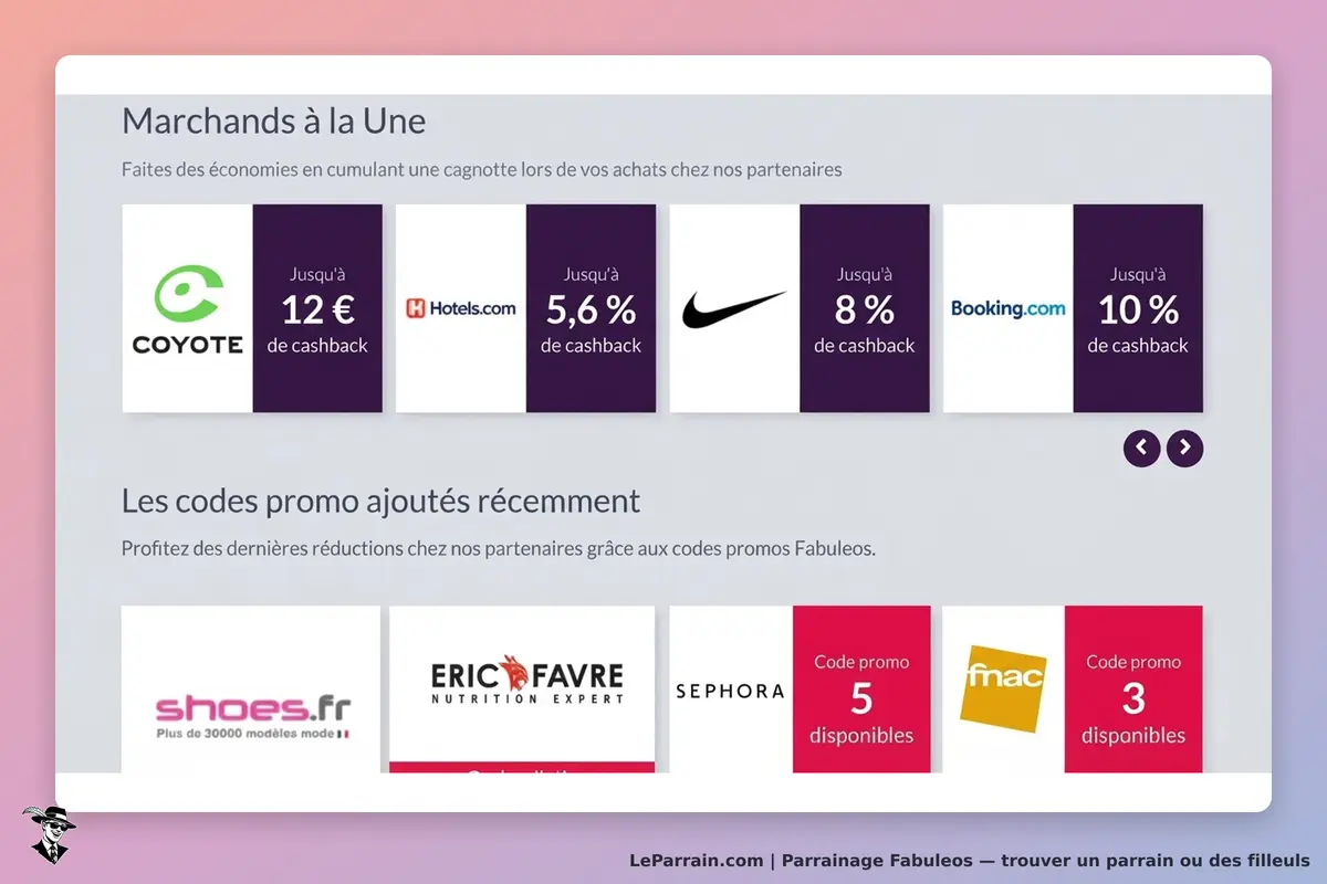 Fabuleos : marchands avec cashback et codes promo récents affichés sur la page d'accueil