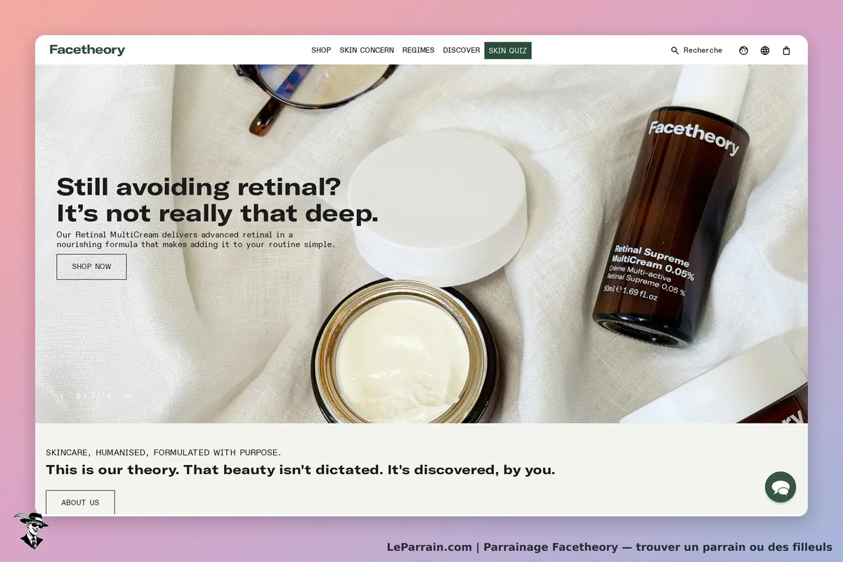 Facetheory : page d'accueil avec produits de soins et message sur l'utilisation du rétinol