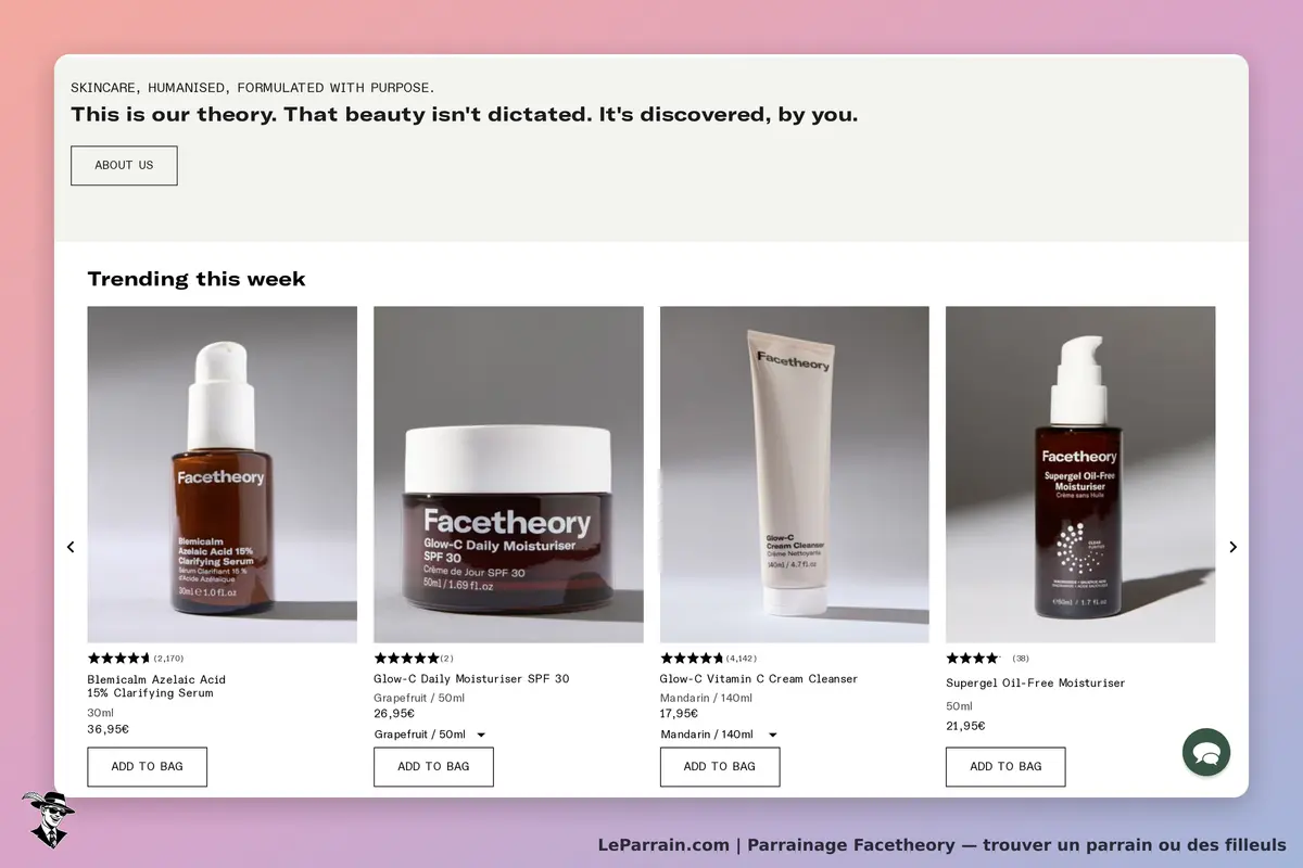 Facetheory : page d'accueil avec produits de soin et descriptions de chaque article