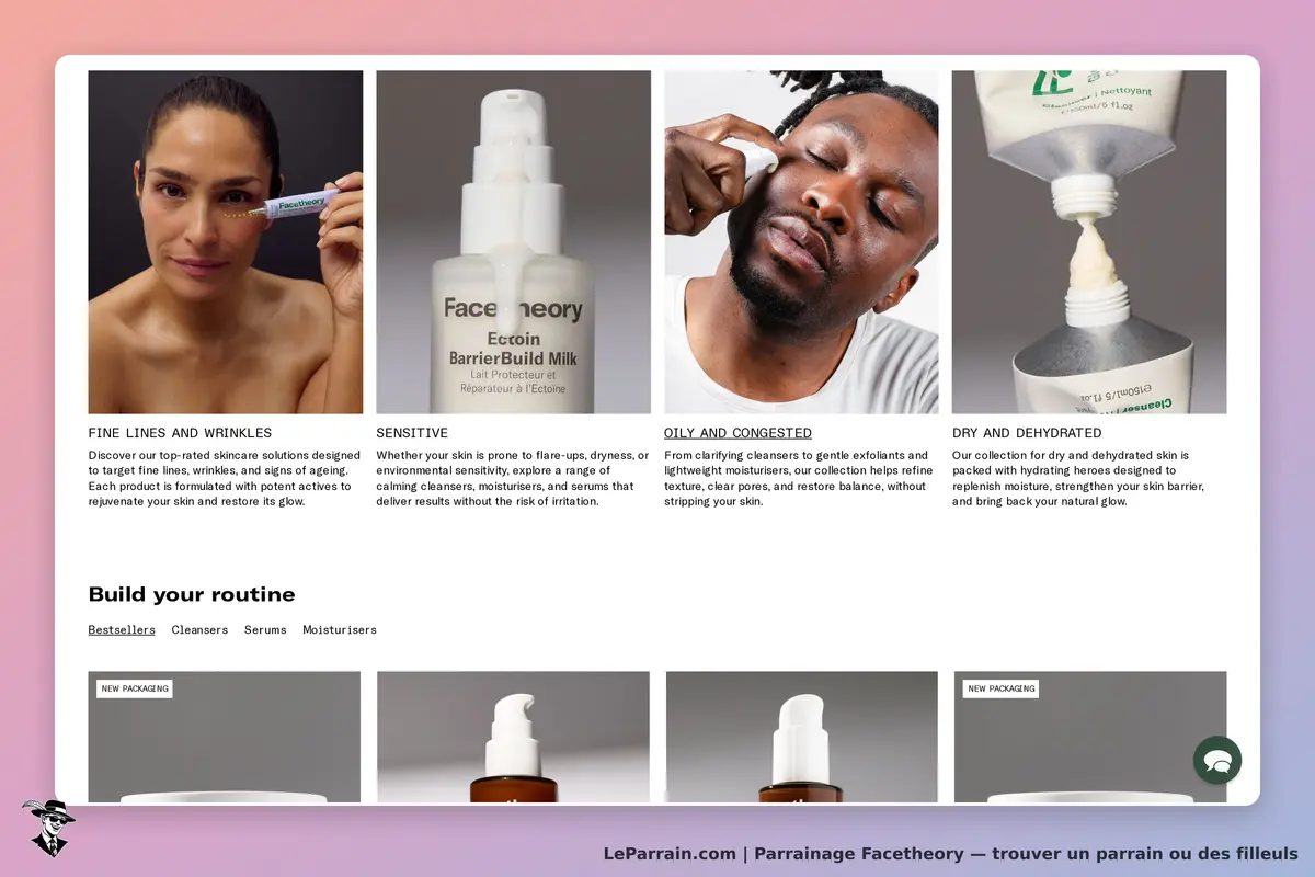 Facetheory : page d'accueil avec produits et conseils pour différents types de peau