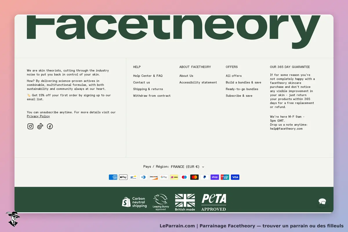 Facetheory : section inférieure du site avec informations et liens vers les services proposés