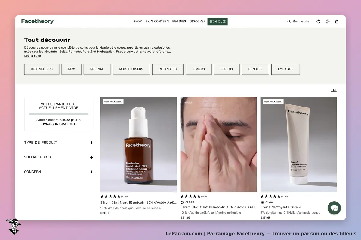 Facetheory : page d'accueil avec produits de soins et options de navigation en haut