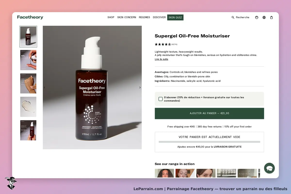 Facetheory : produit Supergel Oil-Free Moisturiser avec description et options d'ajout au panier