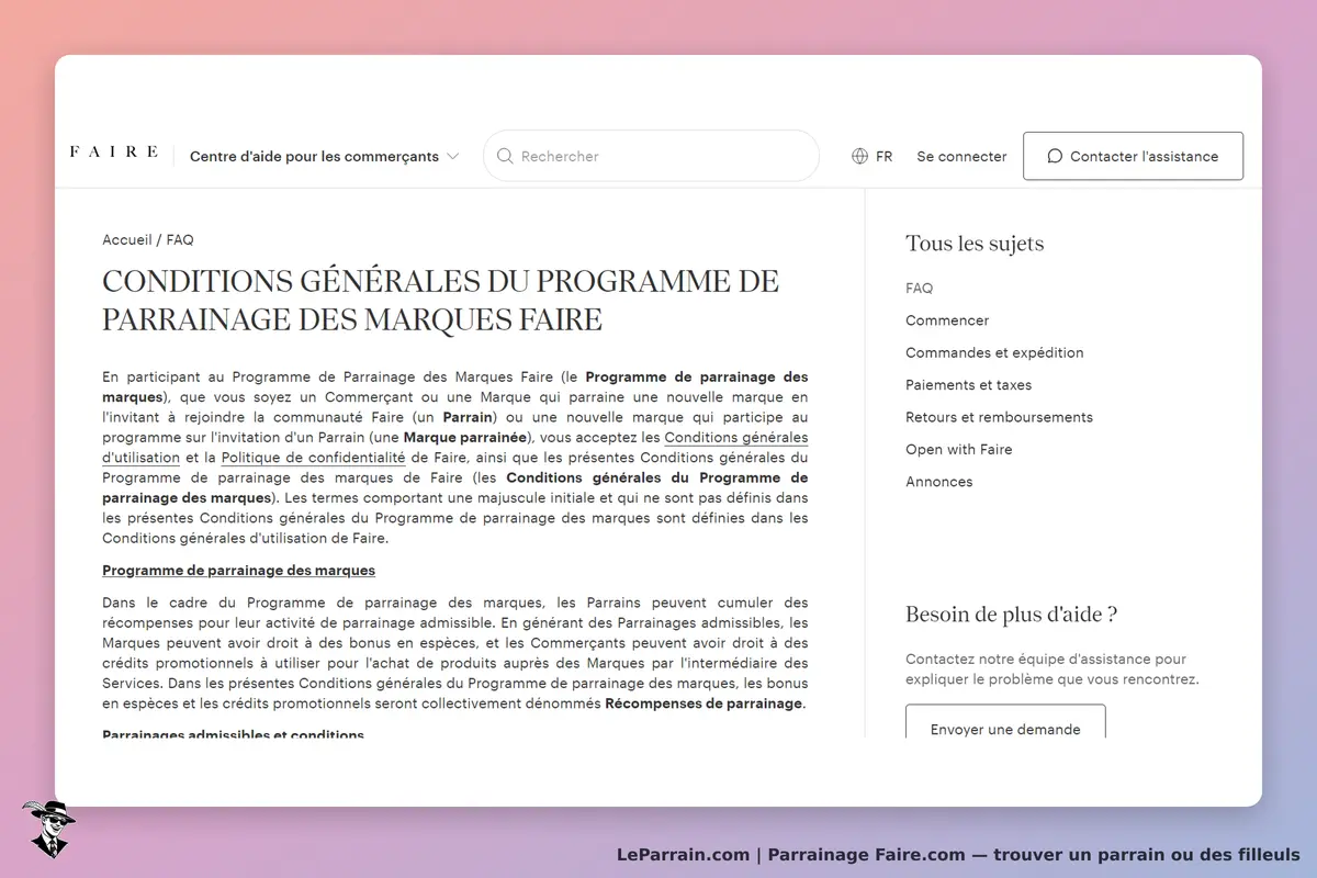 Faire.com : faire : conditions générales du programme de parrainage des marques sur la page