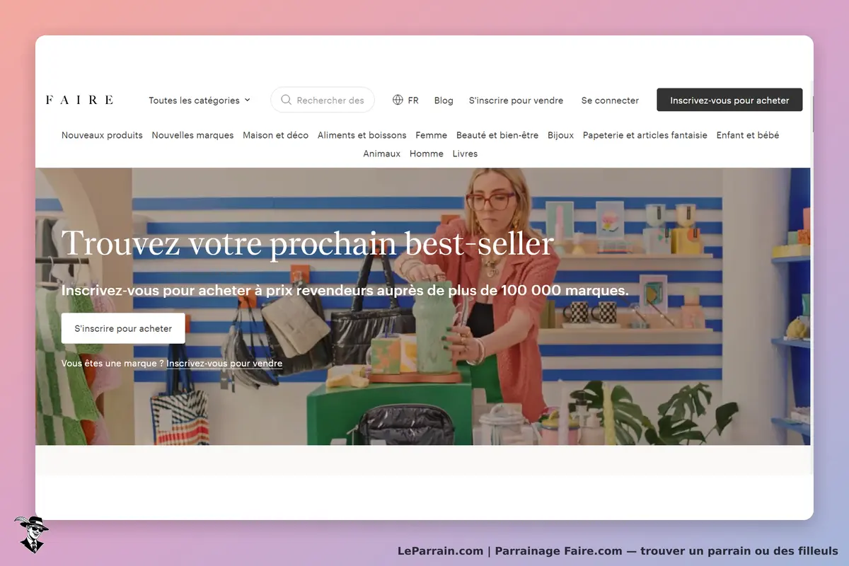 Faire.com : faire : page d'accueil avec une femme manipulant des produits sur un comptoir coloré