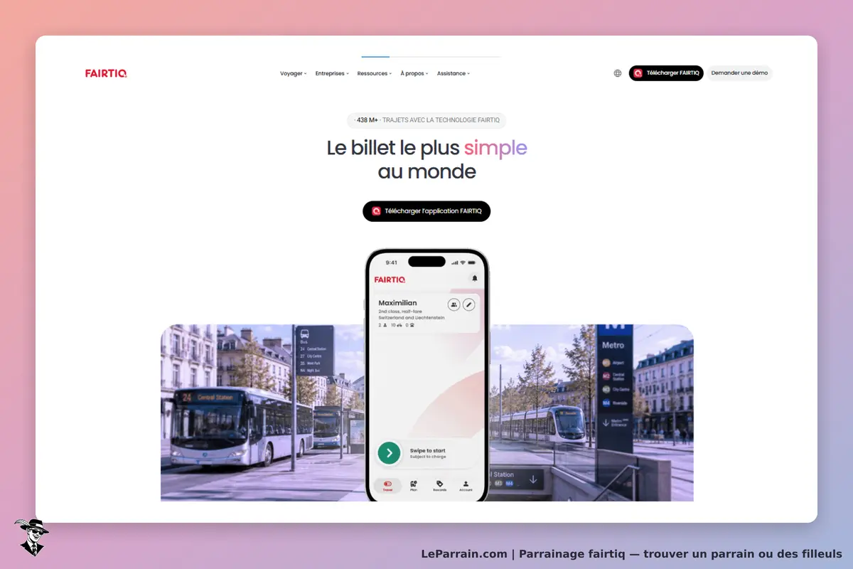 FAIRTIQ : page d'accueil avec un smartphone affichant l'application et des transports en commun