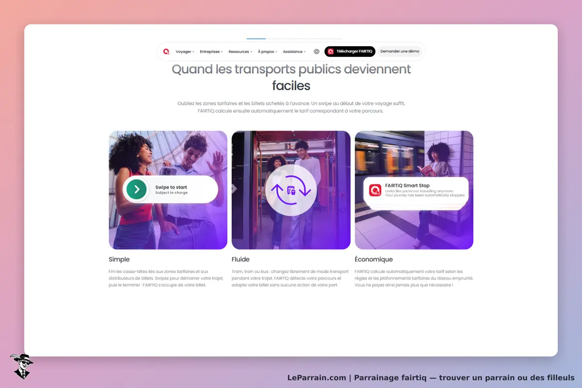 fairtiq : page d'accueil avec des sections sur la simplicité, fluidité et économie des transports