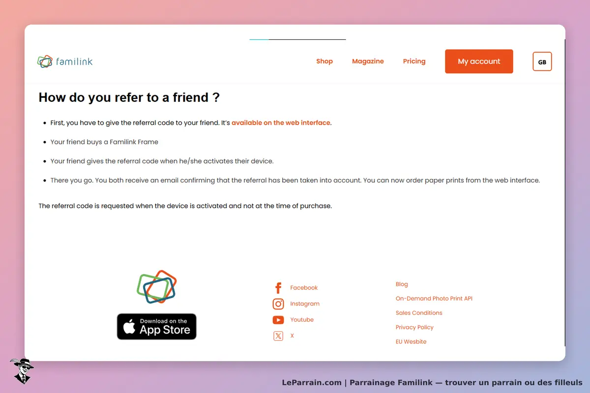 Familink : instructions sur le parrainage d'un ami avec des étapes et des liens en bas de page