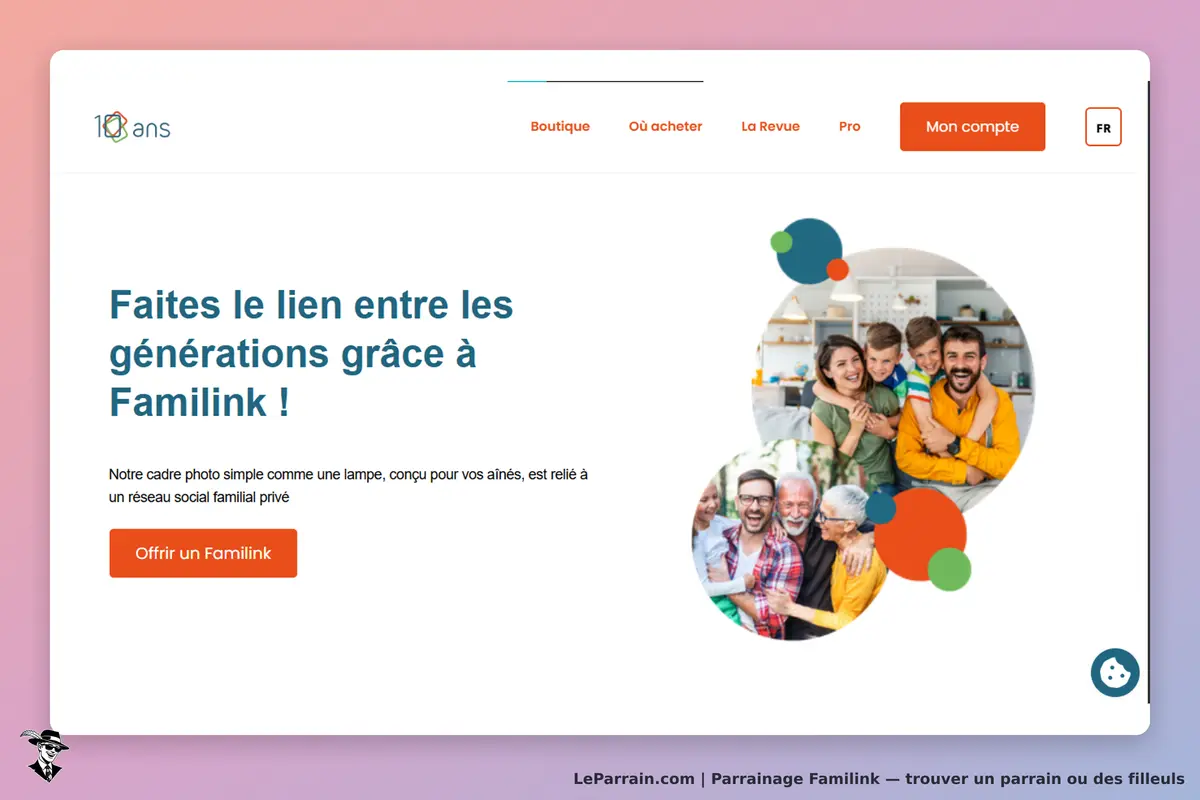 Familink : page d'accueil présentant un message sur le lien entre les générations et des images de