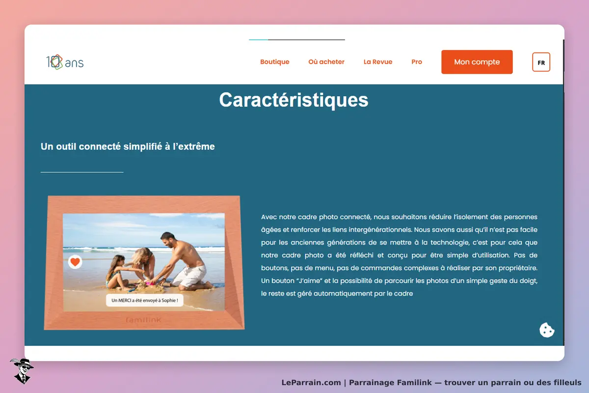 Familink : caractéristiques d'un cadre photo connecté avec une image de famille à la plage