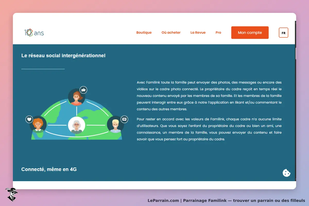 Familink : page d'accueil présentant un réseau social intergénérationnel avec illustrations