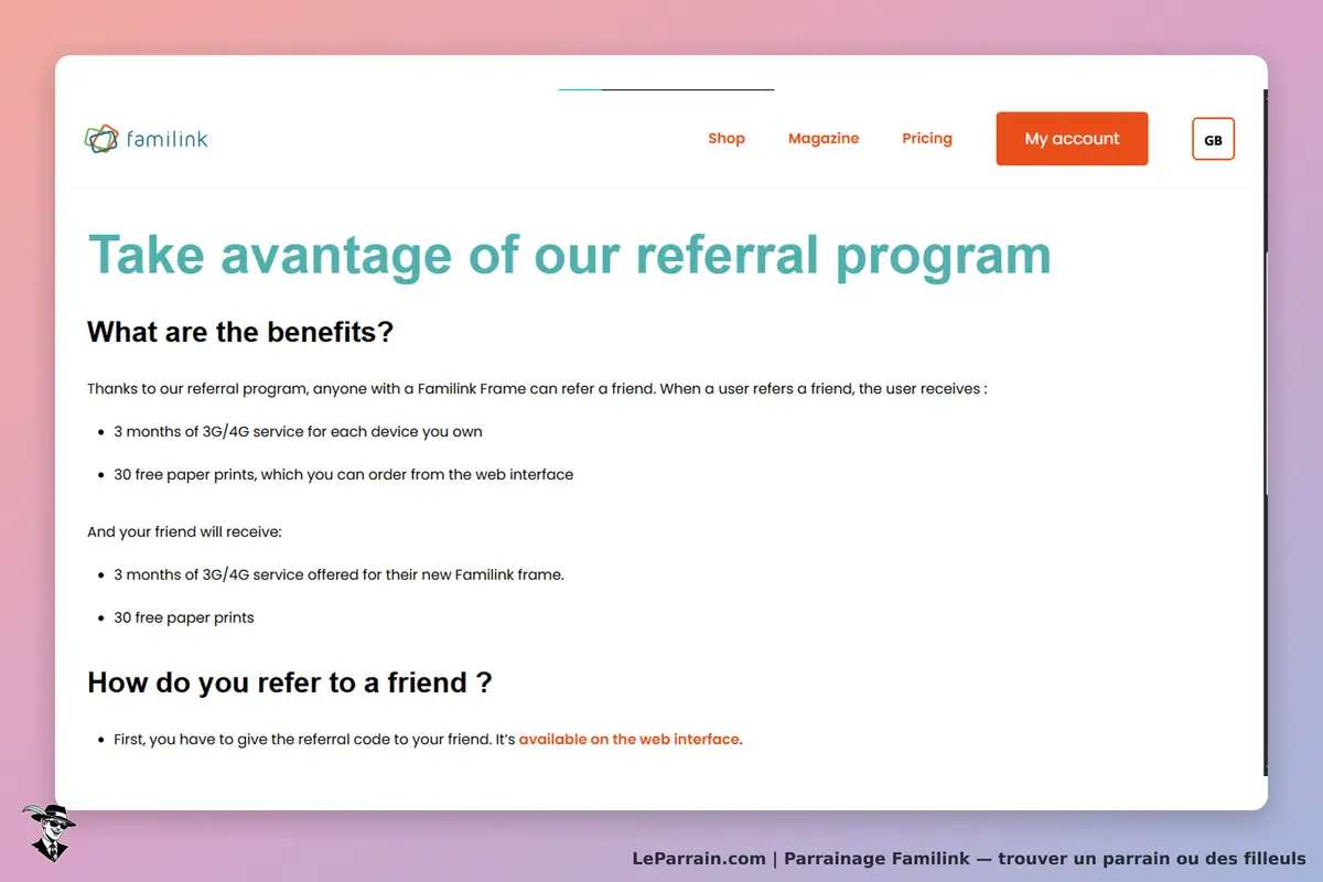 Familink : page présentant le programme de parrainage et ses avantages