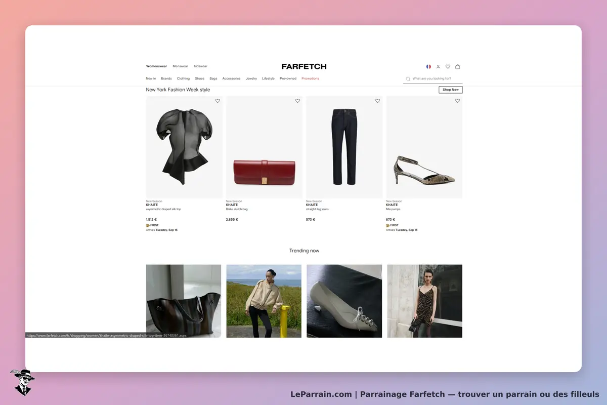 Farfetch : page d'accueil présentant des vêtements et accessoires de mode pour femmes