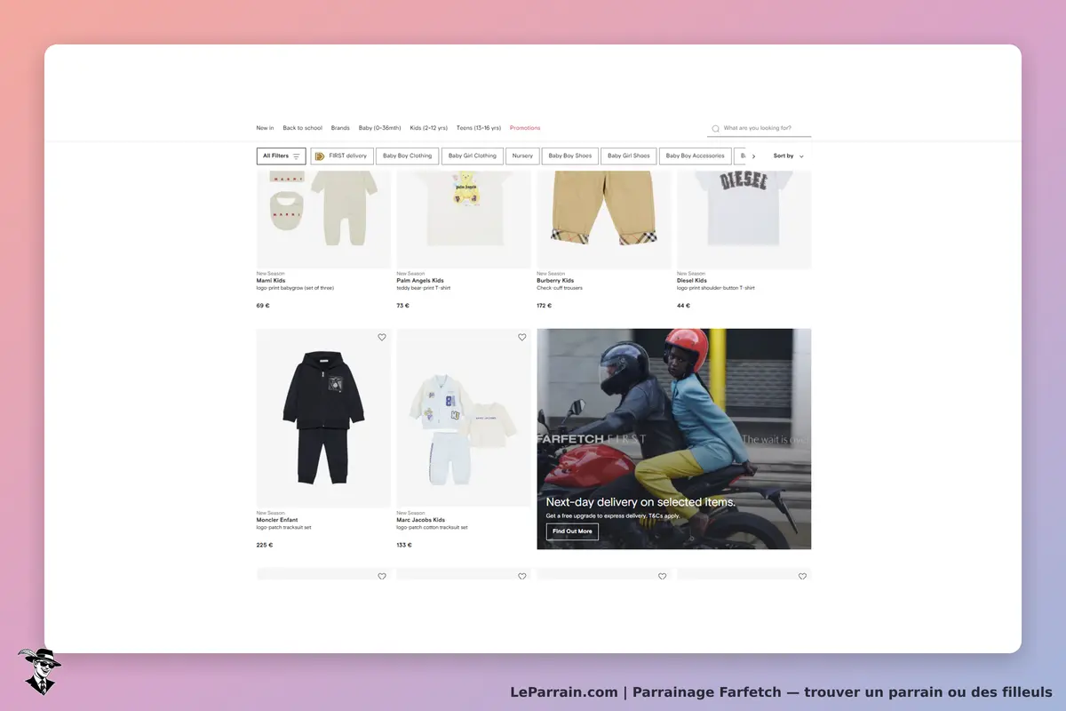 Farfetch : page d'accueil présentant des vêtements pour enfants et une promotion de livraison