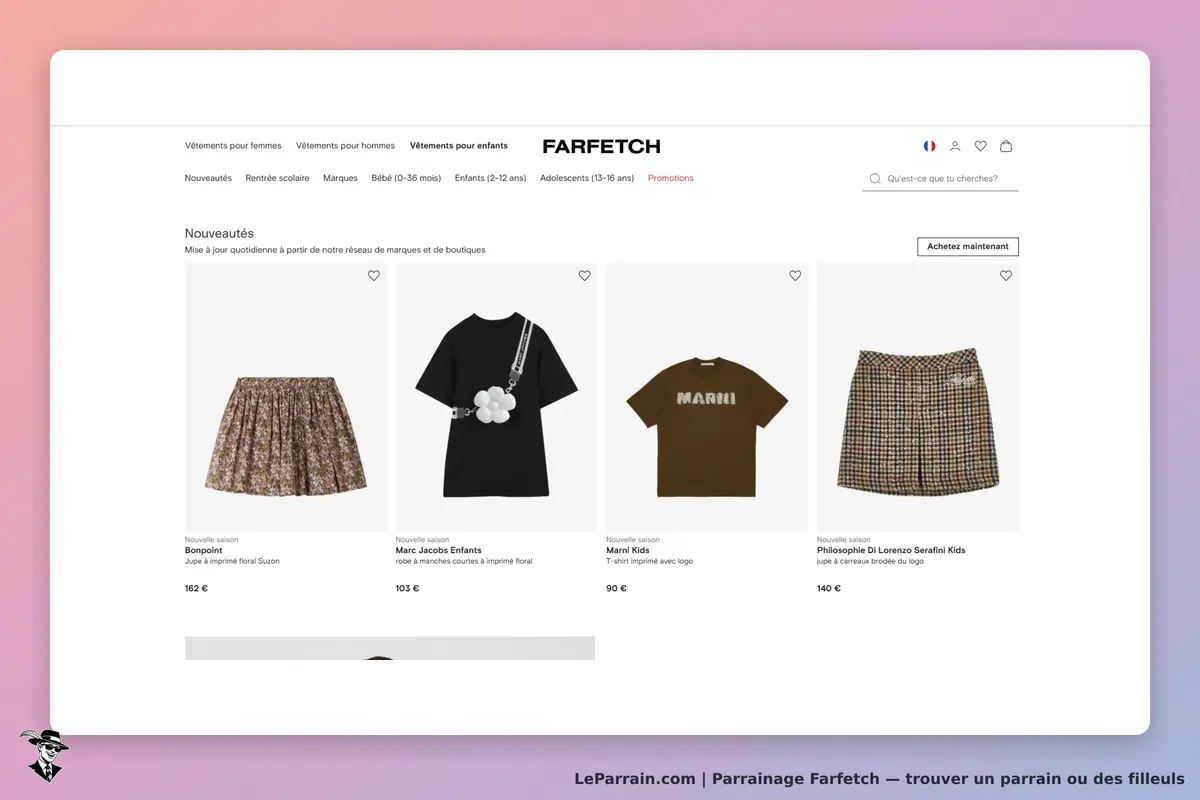 FARFETCH : page présentant des vêtements pour enfants, incluant jupes et t-shirts