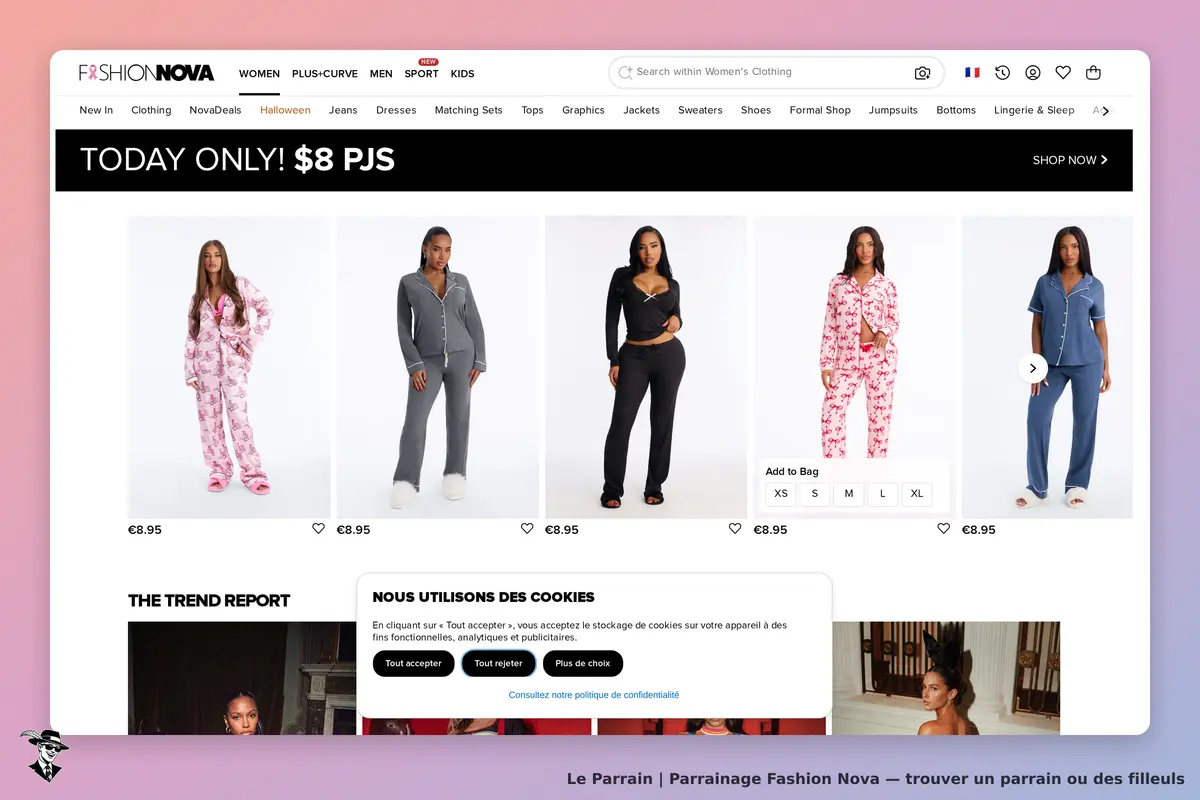 Fashion Nova : page d'accueil avec plusieurs modèles de pyjamas affichés