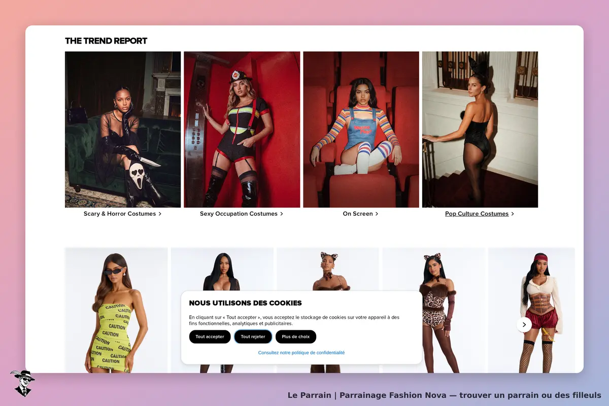Fashion Nova : page d'accueil avec costumes tendance et notification sur l'utilisation des cookies