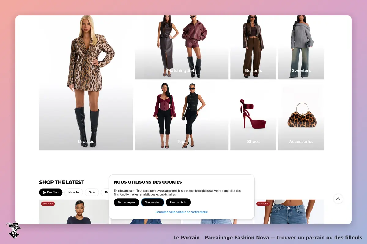 Fashion Nova : page d'accueil présentant divers vêtements et accessoires pour femmes