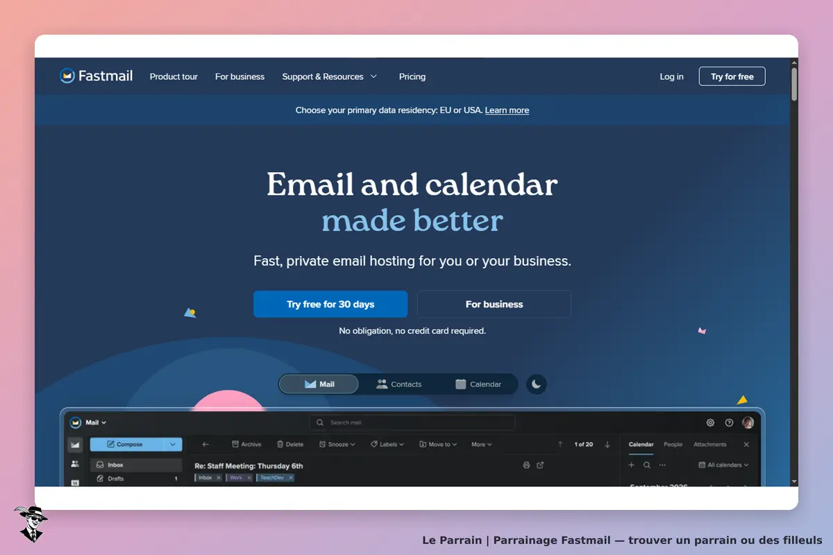 Fastmail : page d'accueil avec message sur les emails et calendrier, options d'inscription visibles