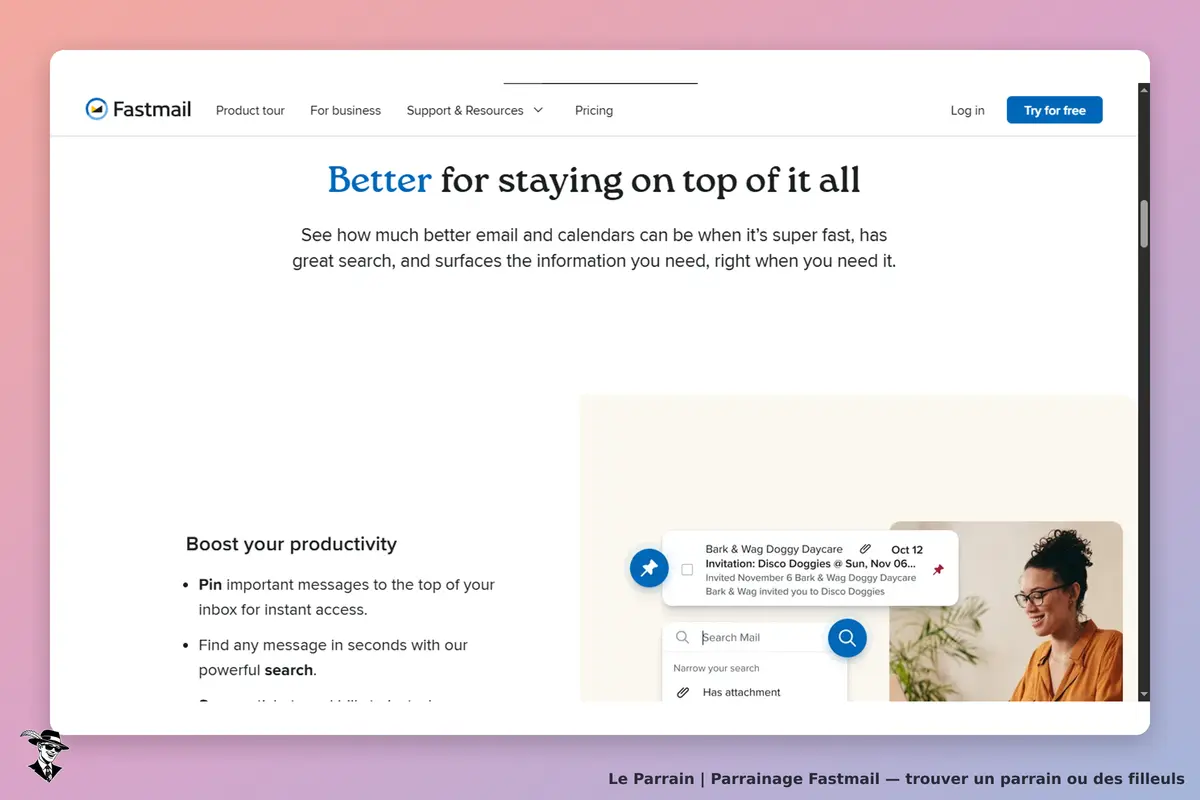 Fastmail : page d'accueil présentant les fonctionnalités d'email et calendrier avec recherche