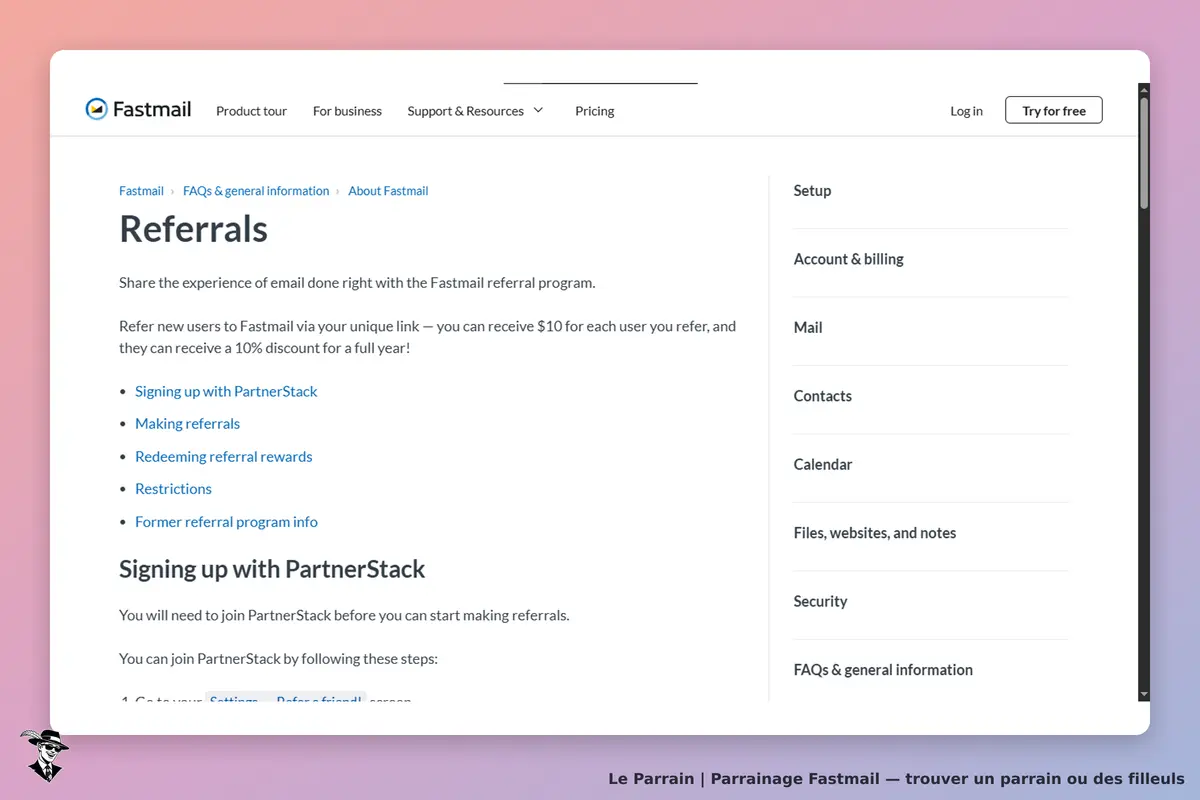 Fastmail : page d'informations sur le programme de parrainage et options de navigation