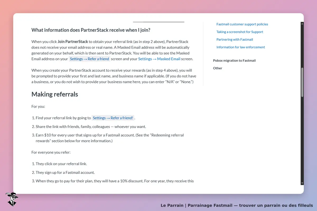 Fastmail : informations sur le programme de parrainage et étapes pour référer des utilisateurs