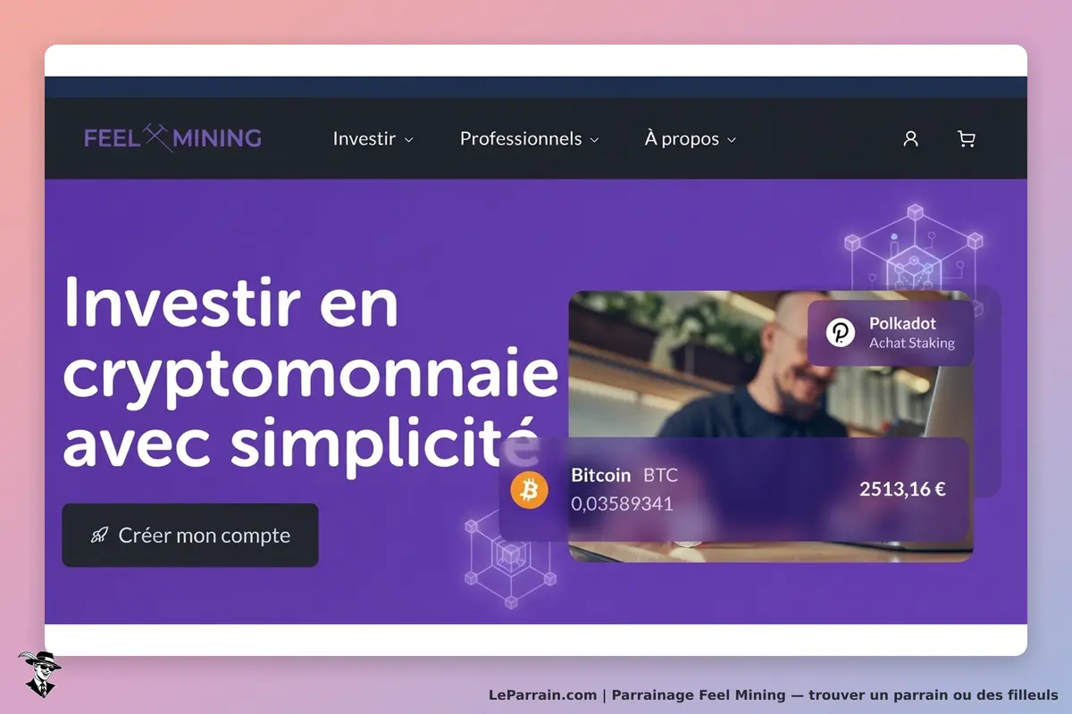 Feel Mining : page d'accueil avec texte sur l'investissement en cryptomonnaie et bouton