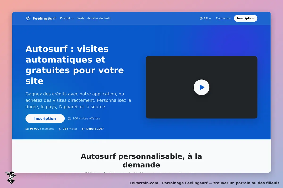 Feelingsurf : page d'accueil présentant le service d'autosurf et un bouton d'inscription