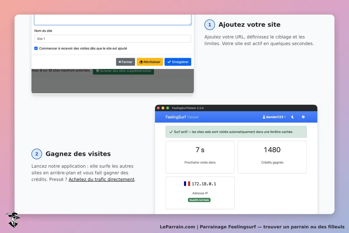 Feelingsurf : page d'accueil avec formulaire d'ajout de site et aperçu des visites gagnées