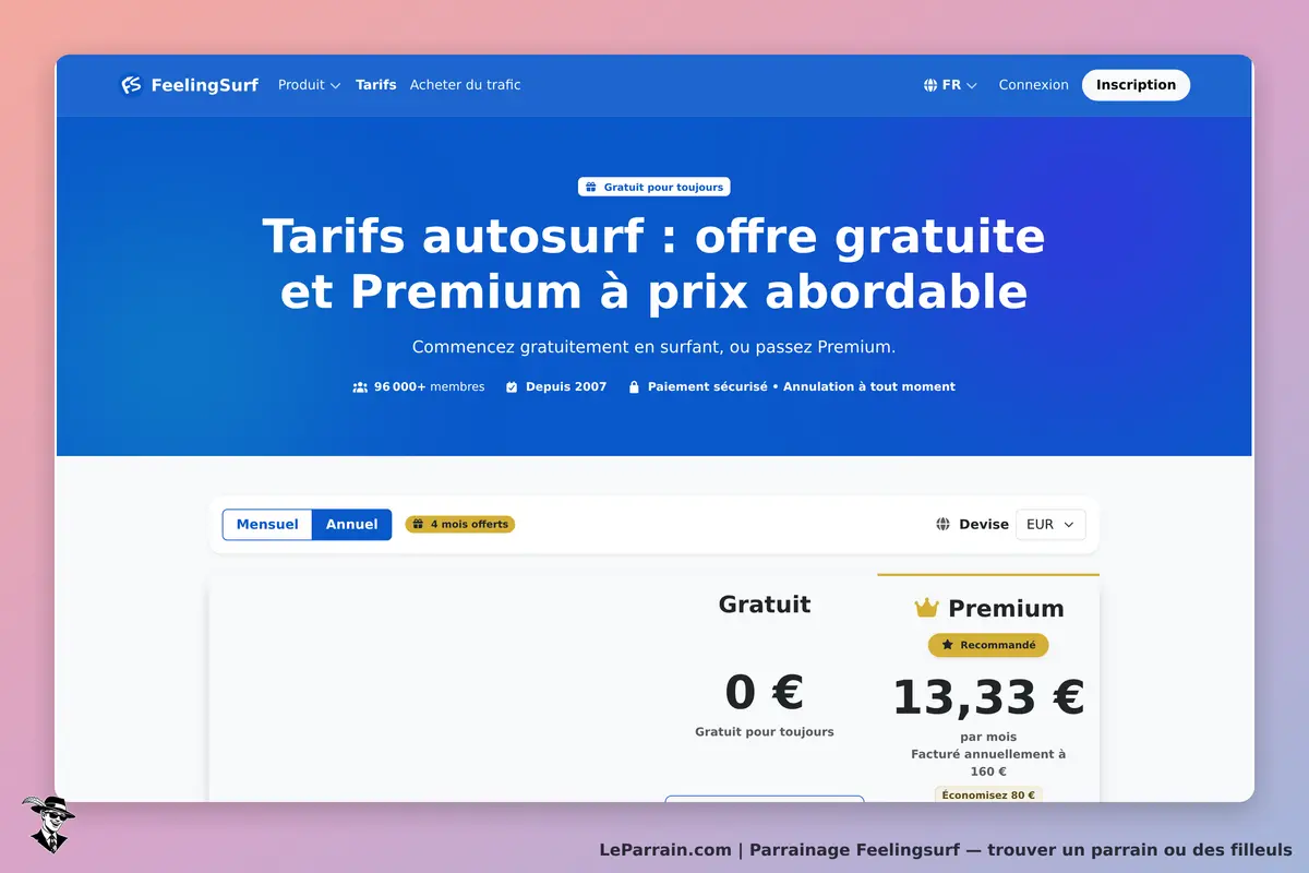 Feelingsurf : page des tarifs avec options gratuite et Premium, et informations sur l'inscription