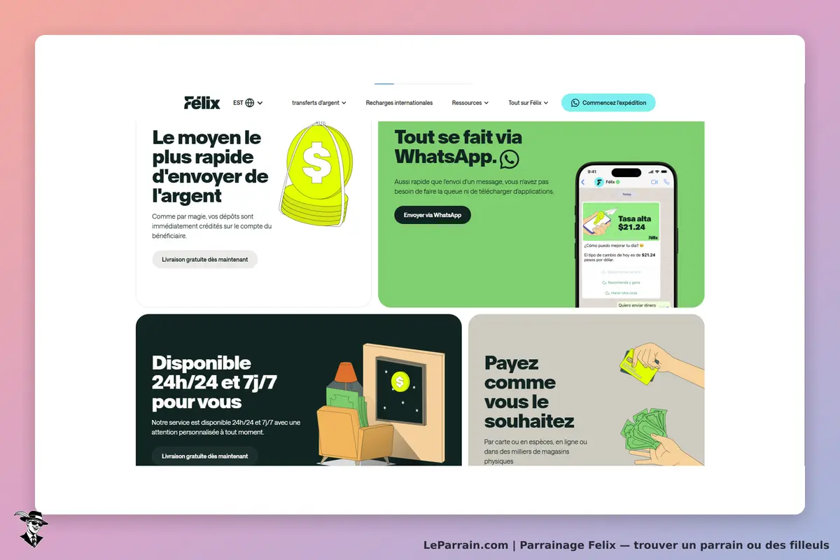 Felix : page d'accueil présentant des services de transfert d'argent et options de paiement