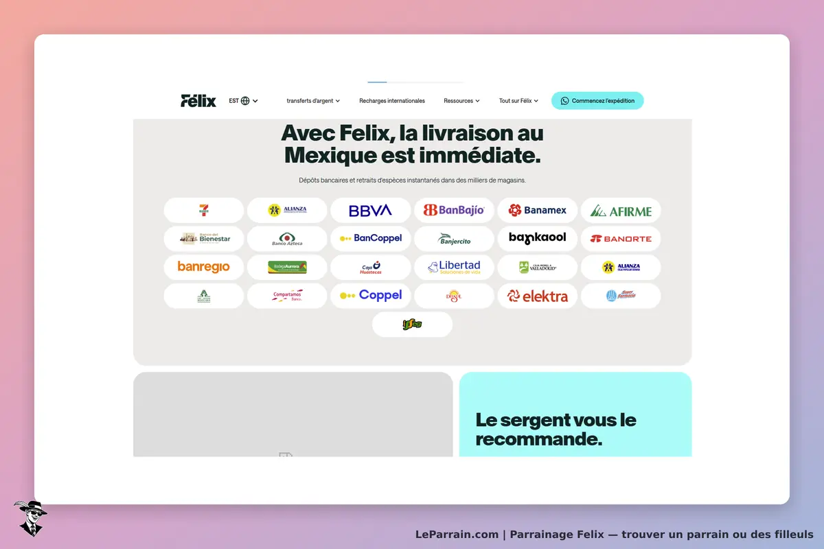 Felix : page d'accueil présentant des logos de partenaires pour des livraisons au Mexique