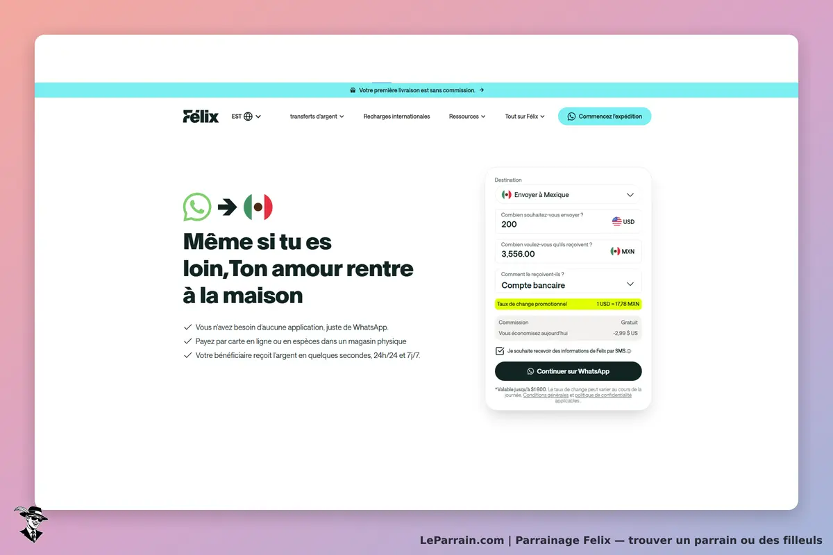 Felix : page d'accueil avec options de transfert d'argent vers le Mexique via WhatsApp
