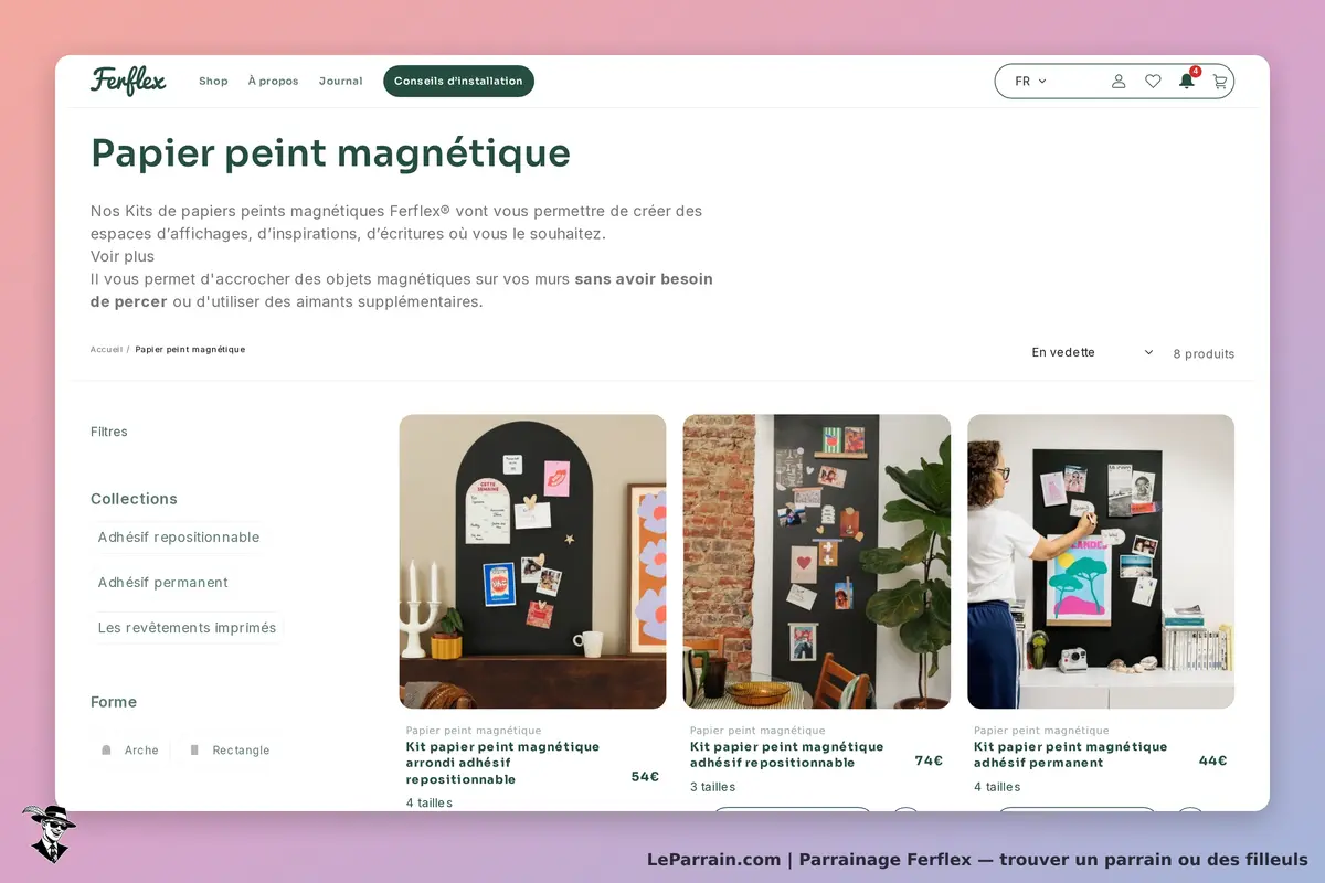 Ferflex : page catégorie présentant des papiers peints magnétiques avec images et descriptions