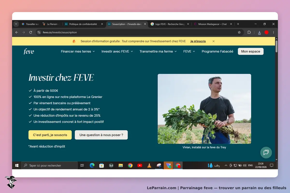 FEVE : page d'accueil présentant l'investissement avec un homme tenant des plantes en extérieur