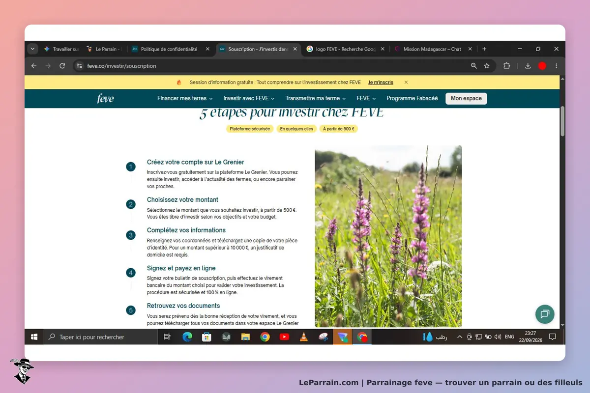 feve : page d'accueil avec étapes pour investir et image de fleurs dans un champ