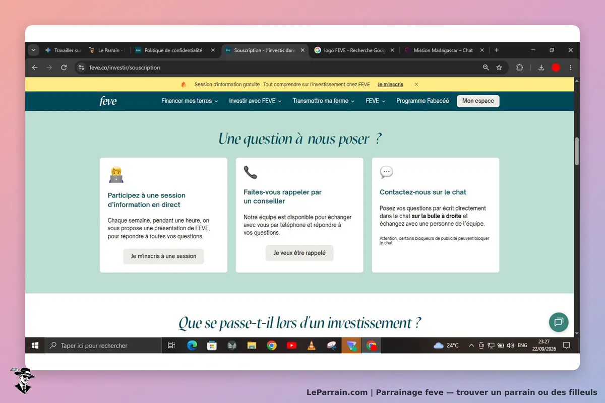 feve : page d'accueil avec options de contact et questions fréquentes sur les investissements